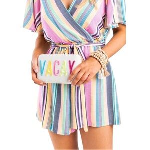 NWT Francesca’s Blue Rain XS Colorful Striped Wrap Romper Tie Waist Shortsleeve🌈